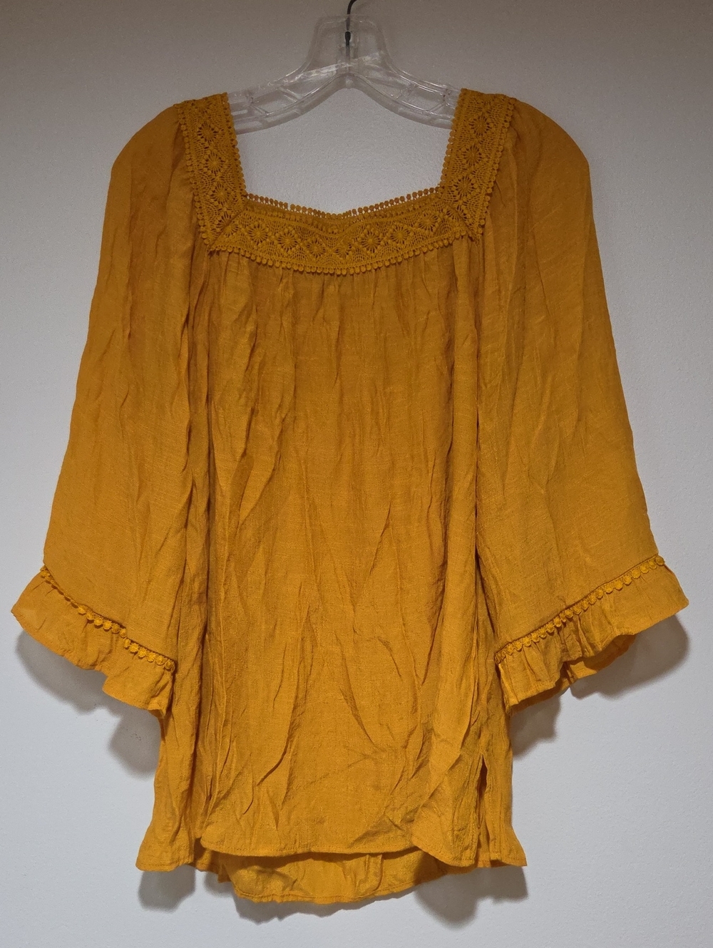 Sabrina Lauren Mustard Crochet-Trim Peasant Top - Women Size M